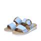 Blaue Rieker Damen Pantoletten V0692-10 mit trendigen Schnalle. Schuhpaar seitlich schräg.