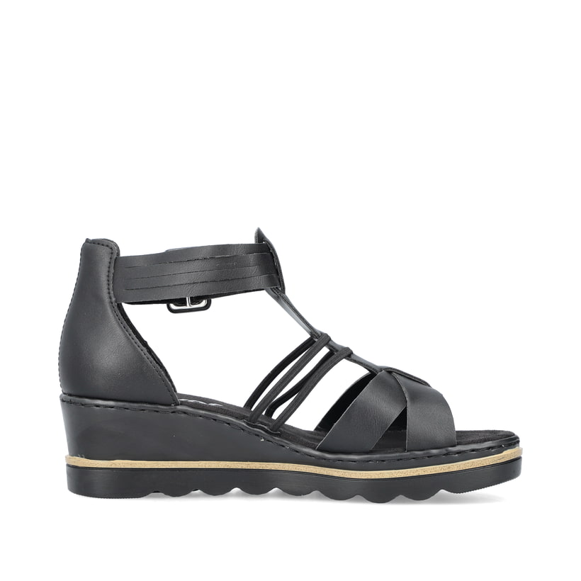 Schwarze Rieker Keilsandaletten 67480-01 mit trendigen Schnalle. Schuh Innenseite.