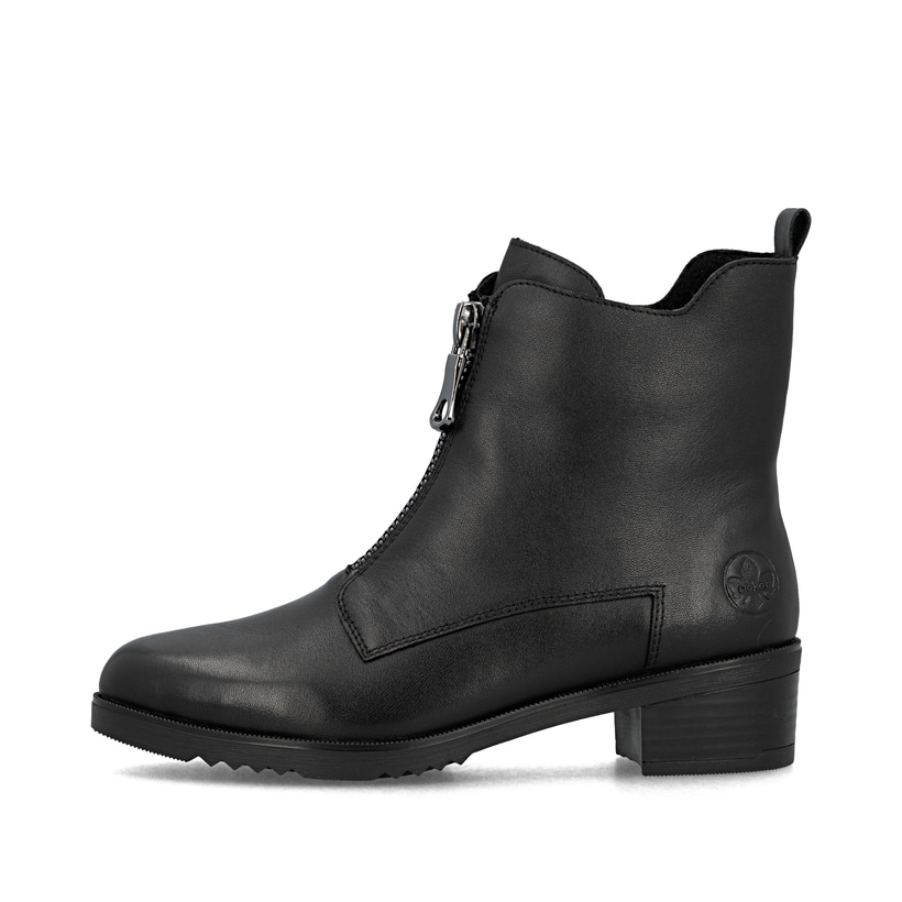 Bottines Rieker noires femme Y0552-00 en cuir lisse avec fermeture éclair. Côté extérieur de la chaussure.