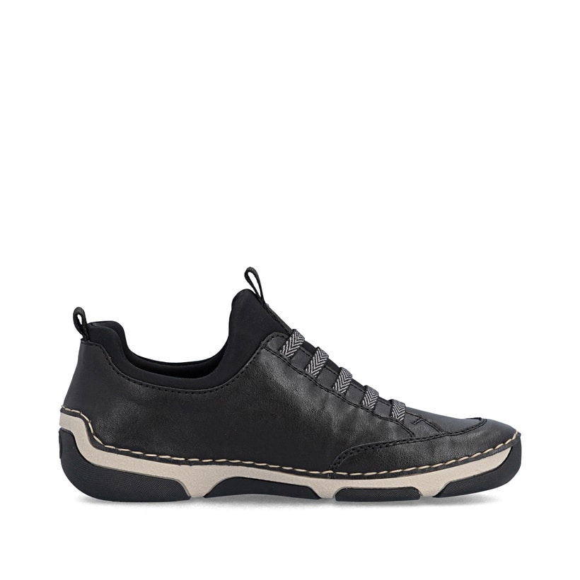 Schwarze Rieker Damen Slipper 55952-00 mit einem Gummizug. Schuh Innenseite.