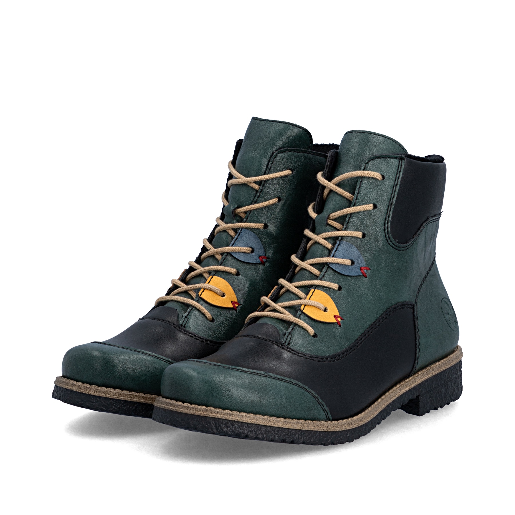Blau-schwarze Rieker Damen Schnürstiefel 73510-90 mit farbenfrohen Details. Schuhpaar seitlich schräg.