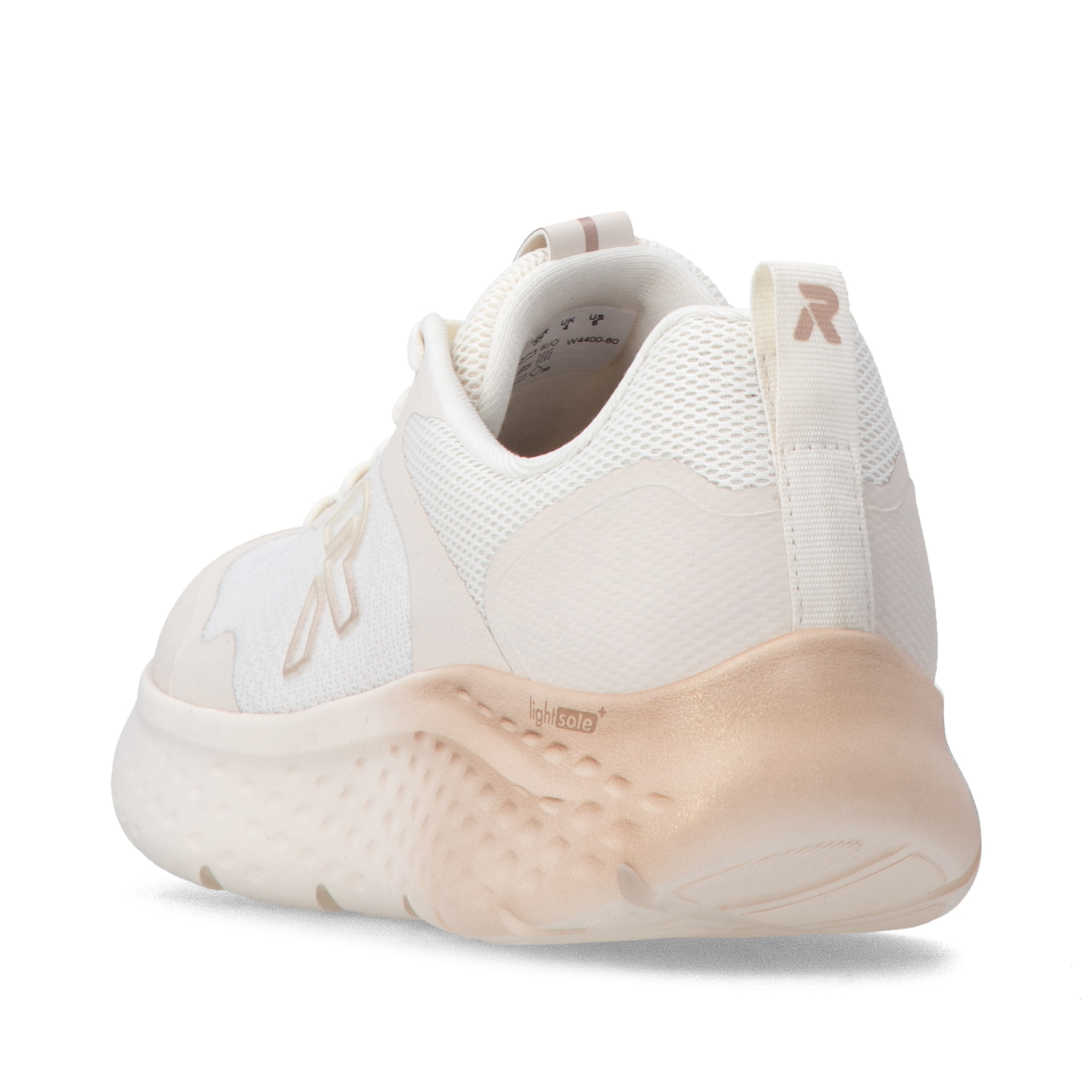 Weisse Rieker Sport Damen Sneaker Low W4400-80. Schuh von hinten.