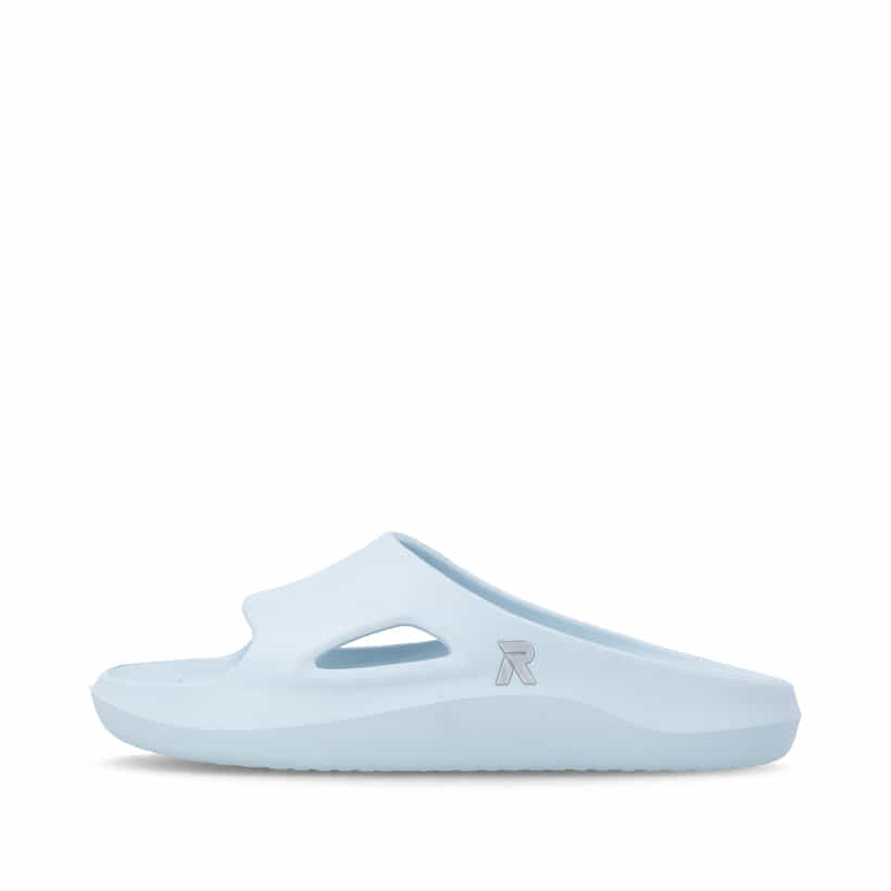 Blaue Rieker Damen Pantoletten W3450-11 mit flexibler und ultraleichter Sohle. Schuh Außenseite.