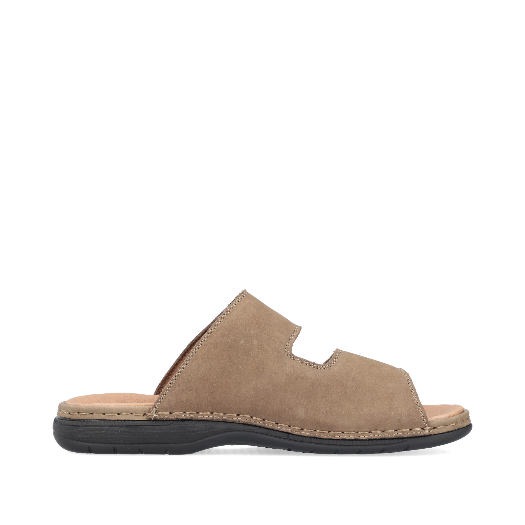 Champagnerfarbene Rieker Herren Pantoletten 25594-25 mit einem Klettverschluss. Schuh Innenseite.