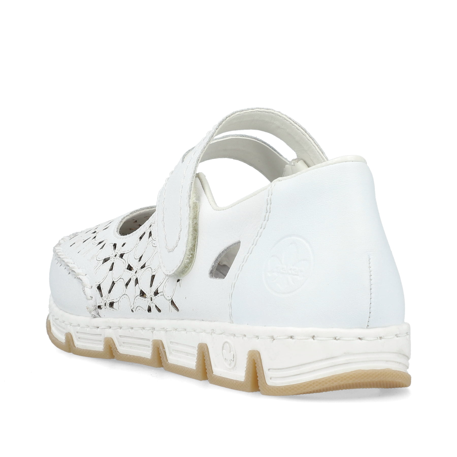 Weiße Rieker Ballerinas 49977-80, Barfußschuhe mit einem Klettverschluss. Schuh von hinten.