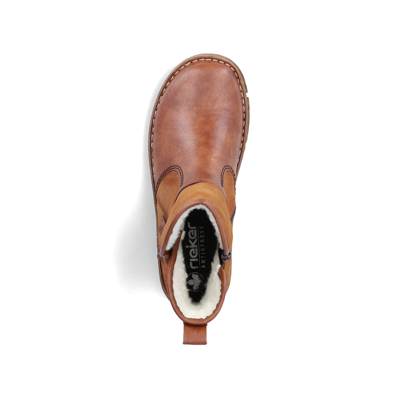 Zimtbraune Rieker Damen Kurzstiefel Z3772-22 mit einer schockabsorbierenden Sohle. Schuh Laufsohle