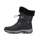 
Nachtschwarze Rieker Damen Schnürstiefel M9683-00 mit Gummizug sowie einer Profilsohle. Schuh Außenseite