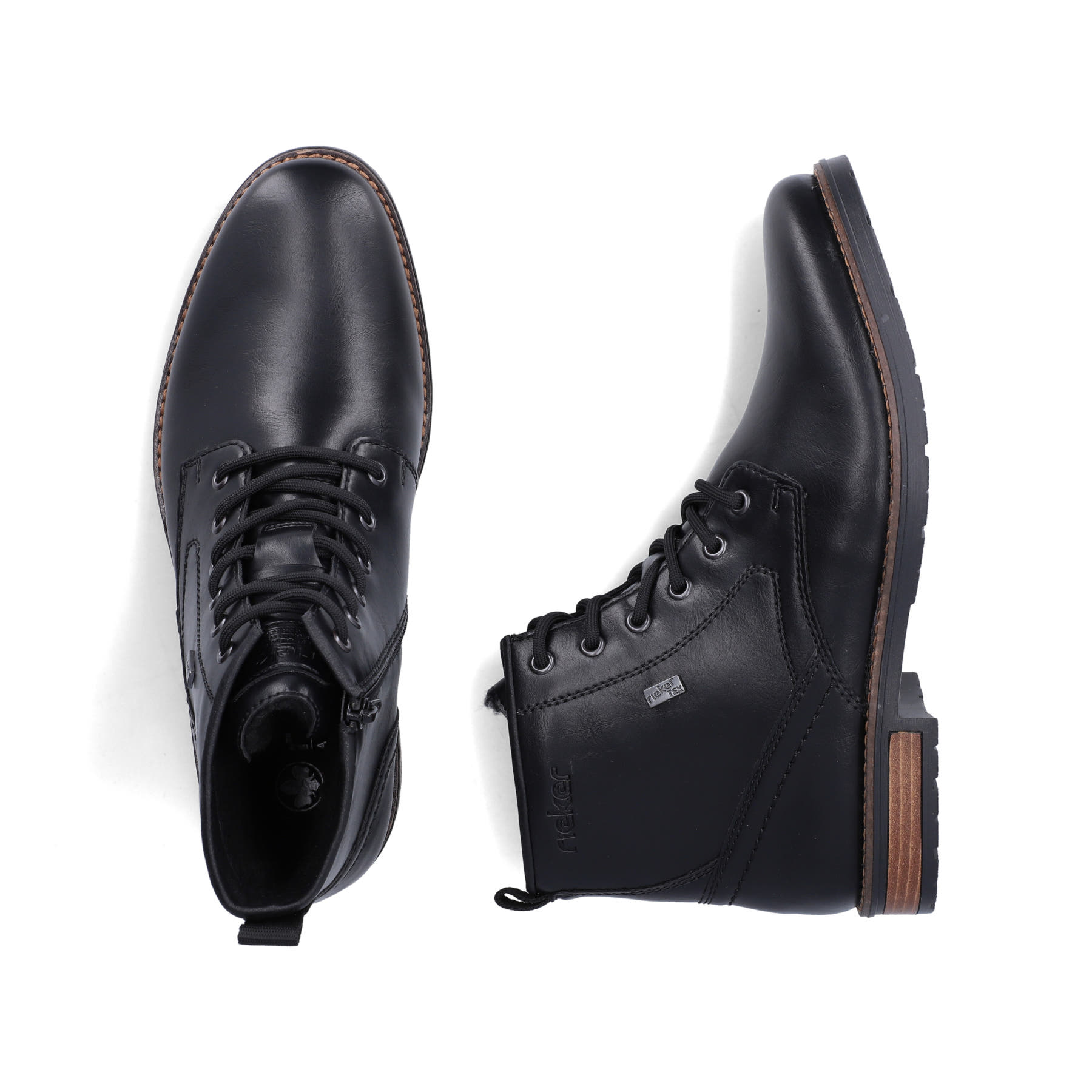 Schwarze Rieker Herren Schnürstiefel 14631-00 mit wasserabweisender TEX-Membran. Schuh von oben, liegend.
