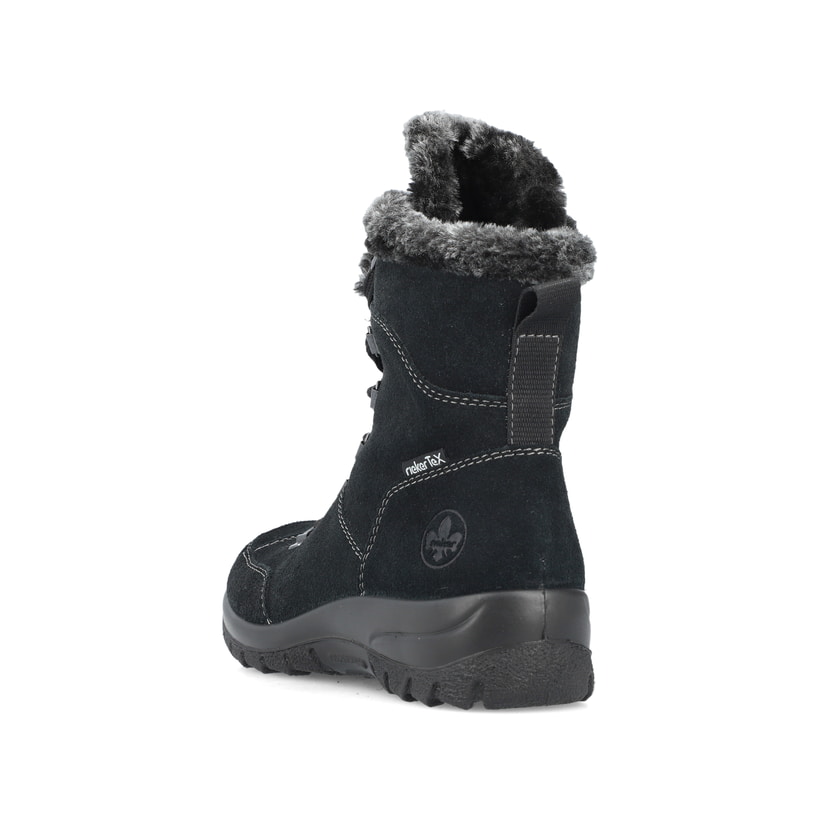 Schwarze Rieker Damen Schnürstiefel L7145-00 mit wasserabweisender TEX-Membran. Schuh von hinten.