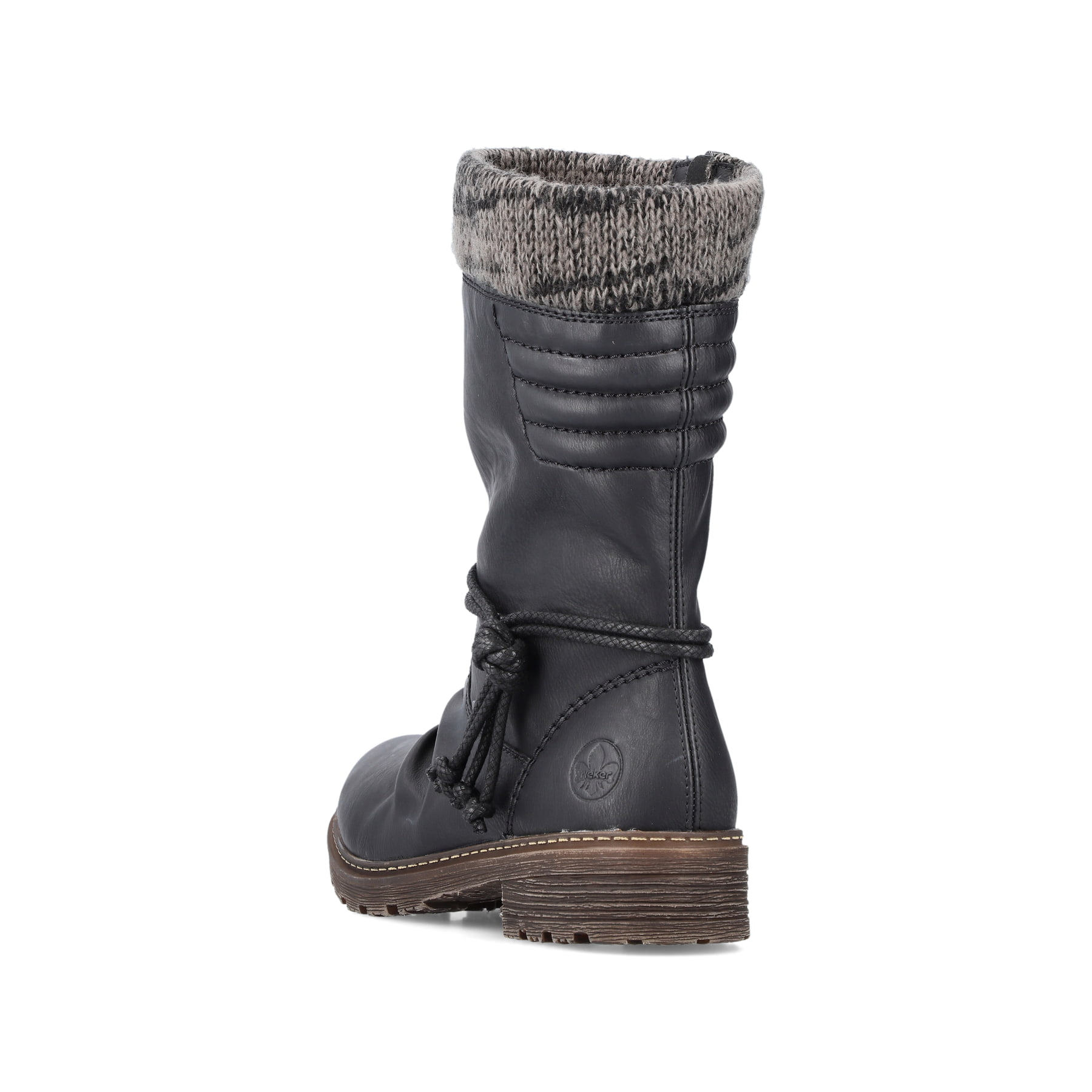 Schwarze Rieker Damen Hochschaftstiefel Z4755-00 mit Strick-Kragen. Schuh von hinten.