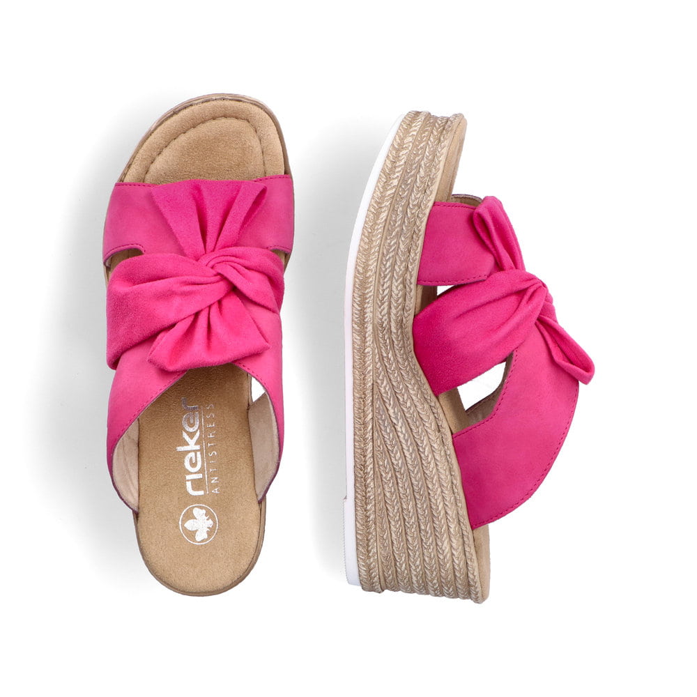 Rosane Rieker Damen Pantoletten 68789-31 mit dekorativer Schleife sowie Gummizug. Schuh von oben, liegend.