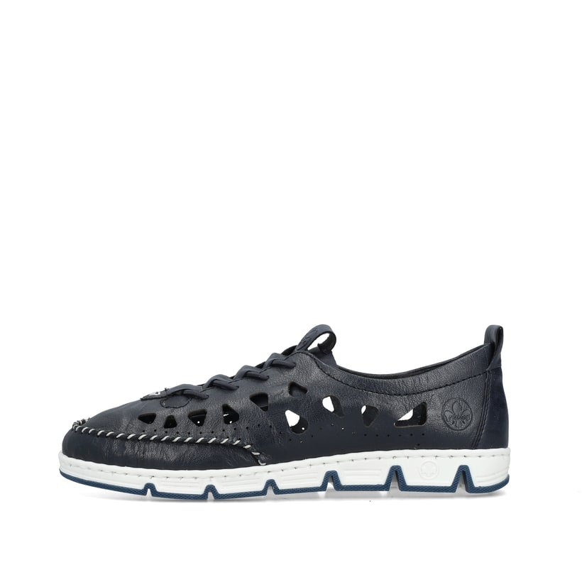 Blaue Rieker Damen Slipper 49956-14, Barfußschuhe mit einem Gummizug. Schuh Außenseite.