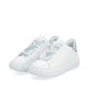 Weiße Rieker Damen Sneaker Low W1201-81 mit ultra leichter und flexibler Sohle. Schuhpaar seitlich schräg.