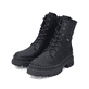 
Nachtschwarze Rieker Damen Schnürstiefel Y9331-00 mit einer leichten Profilsohle. Schuhpaar schräg.