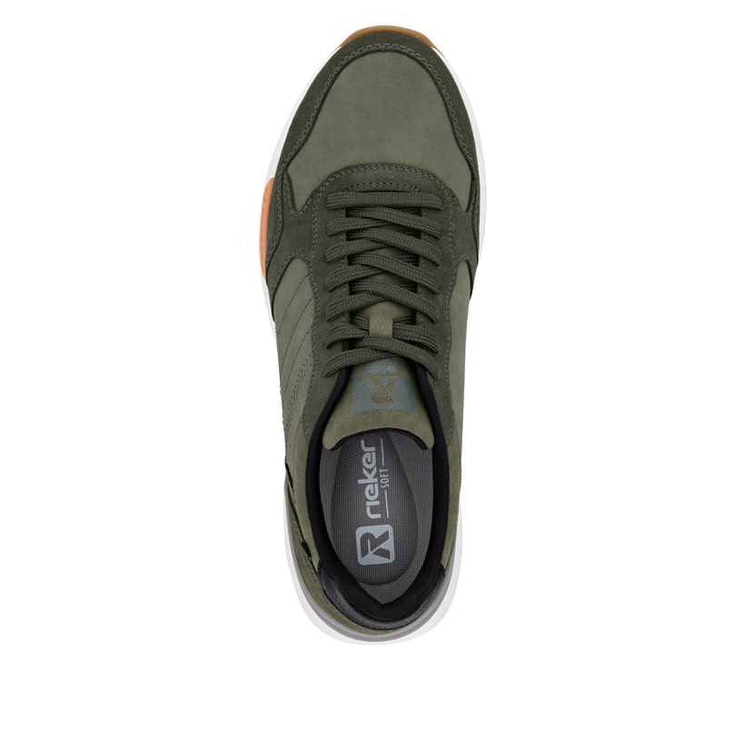 Grüne Rieker Herren Sneaker Low U1401-54 mit Schnürung sowie ultraleichter Sohle. Schuh von oben.