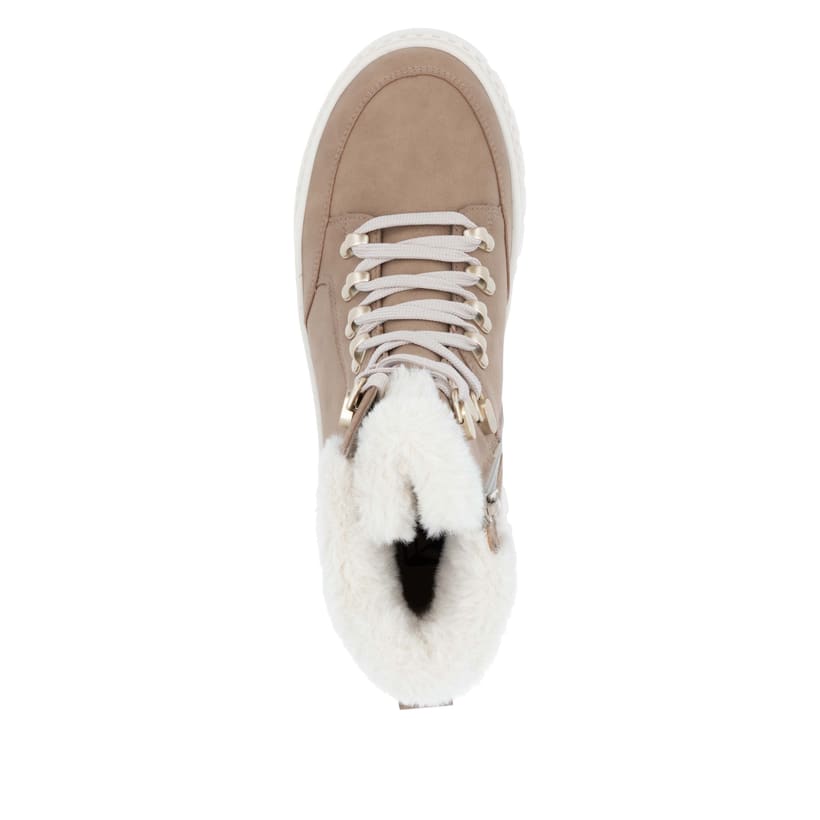Beige-weiße Rieker Damen Schnürstiefel W2174-20 aus Rauleder. Schuh von oben.