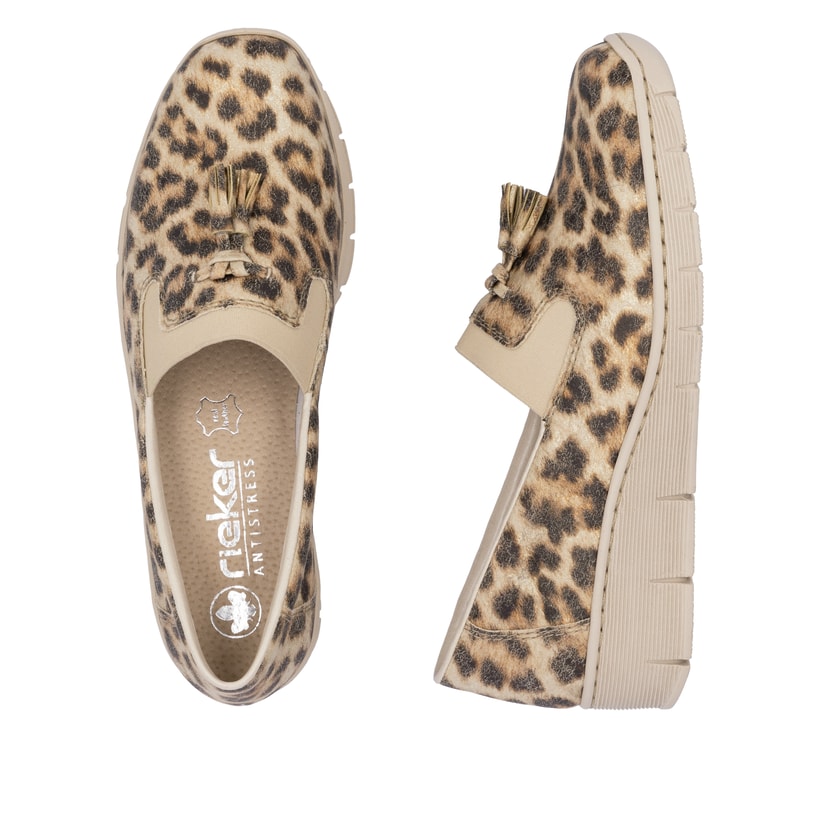 Beige Rieker Damen Loafer 53751-20 mit einem Gummizug sowie schmaler Passform E. Schuh von oben, liegend.