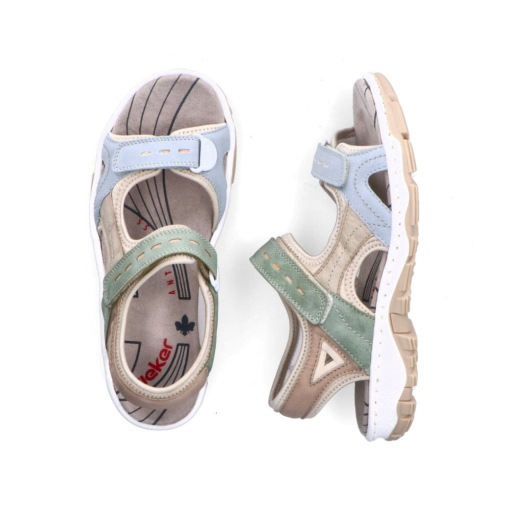 Mehrfarbige Rieker Damen Trekkingsandalen 68866-94 mit einem Klettverschluss. Schuh von oben, liegend.