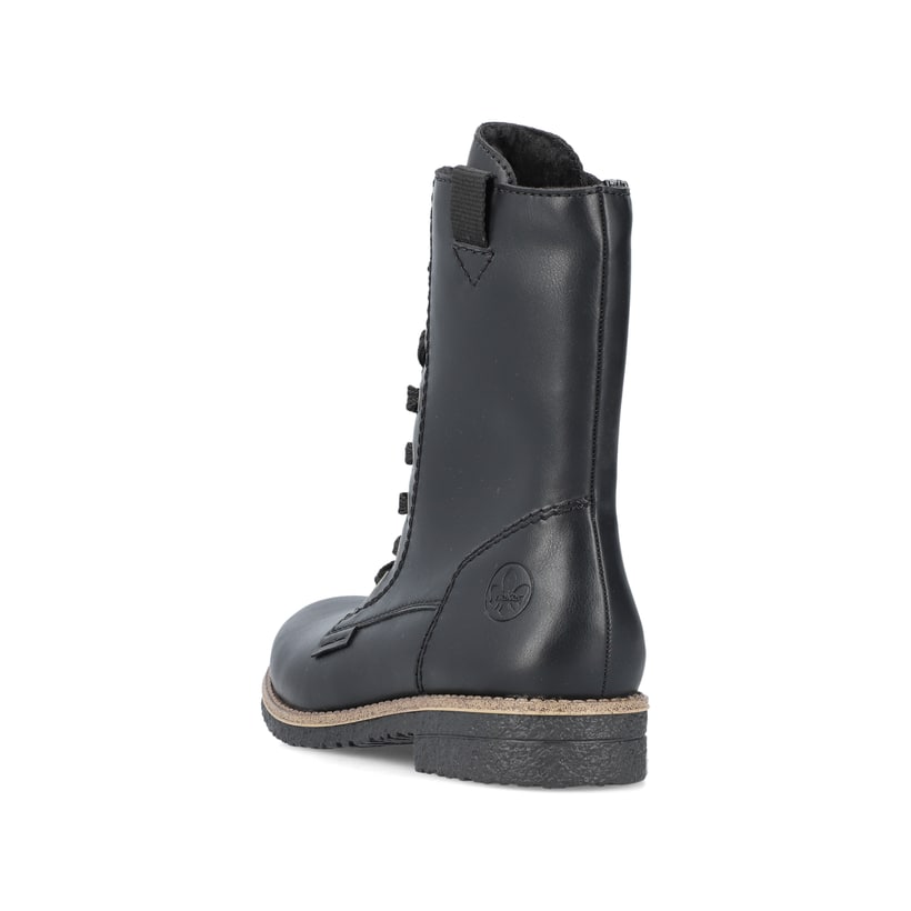 Tiefschwarze Rieker Damen Schnürstiefel 73542-00 mit Schnürung und Reißverschluss. Schuh von hinten