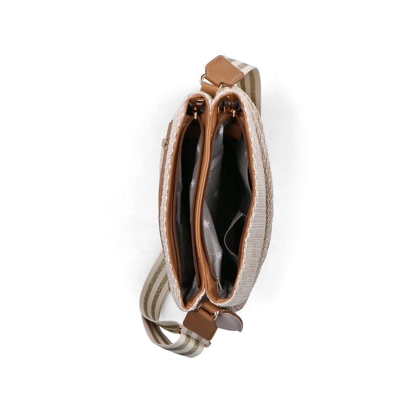 Sac à bandoulière Rieker H1004-62 beige avec fermeture éclair et pendentif en forme de cœur amovible. Ouvert.