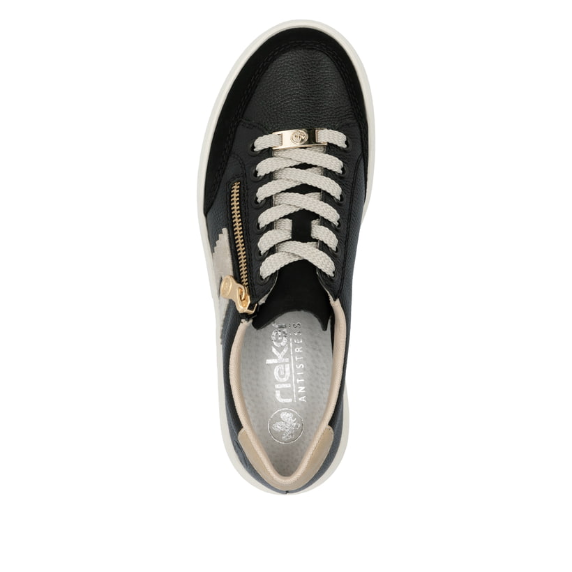 Schwarze Rieker Damen Sneaker Low M1912-00 mit einem Reißverschluss. Schuh von oben.