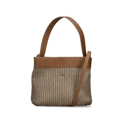 Rieker Handtasche H1654-60 in Beige mit Lamellen-Optik, Reißverschluss und Handyfach. Vorderseite.