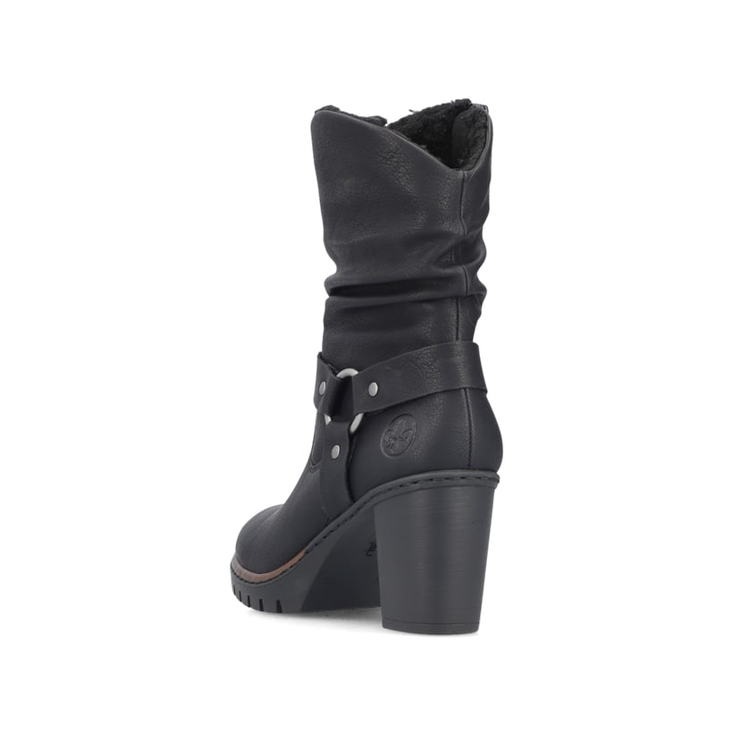 Bottines Rieker noires pour femme Y2582-00 avec fermeture éclair. Chaussure vue de l'arrière.