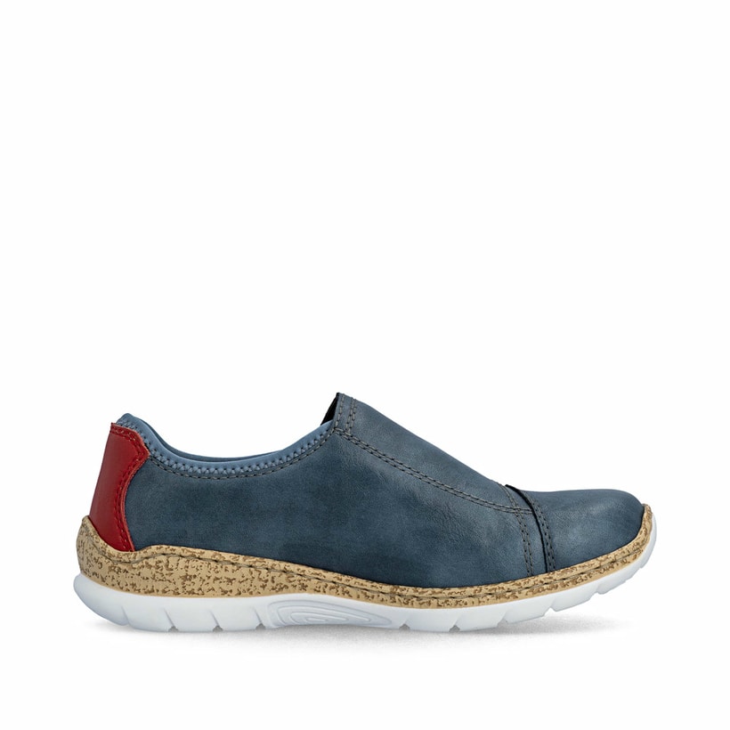 Blaue Rieker Damen Slipper N4264-14 mit einem Gummizug. Schuh Innenseite.