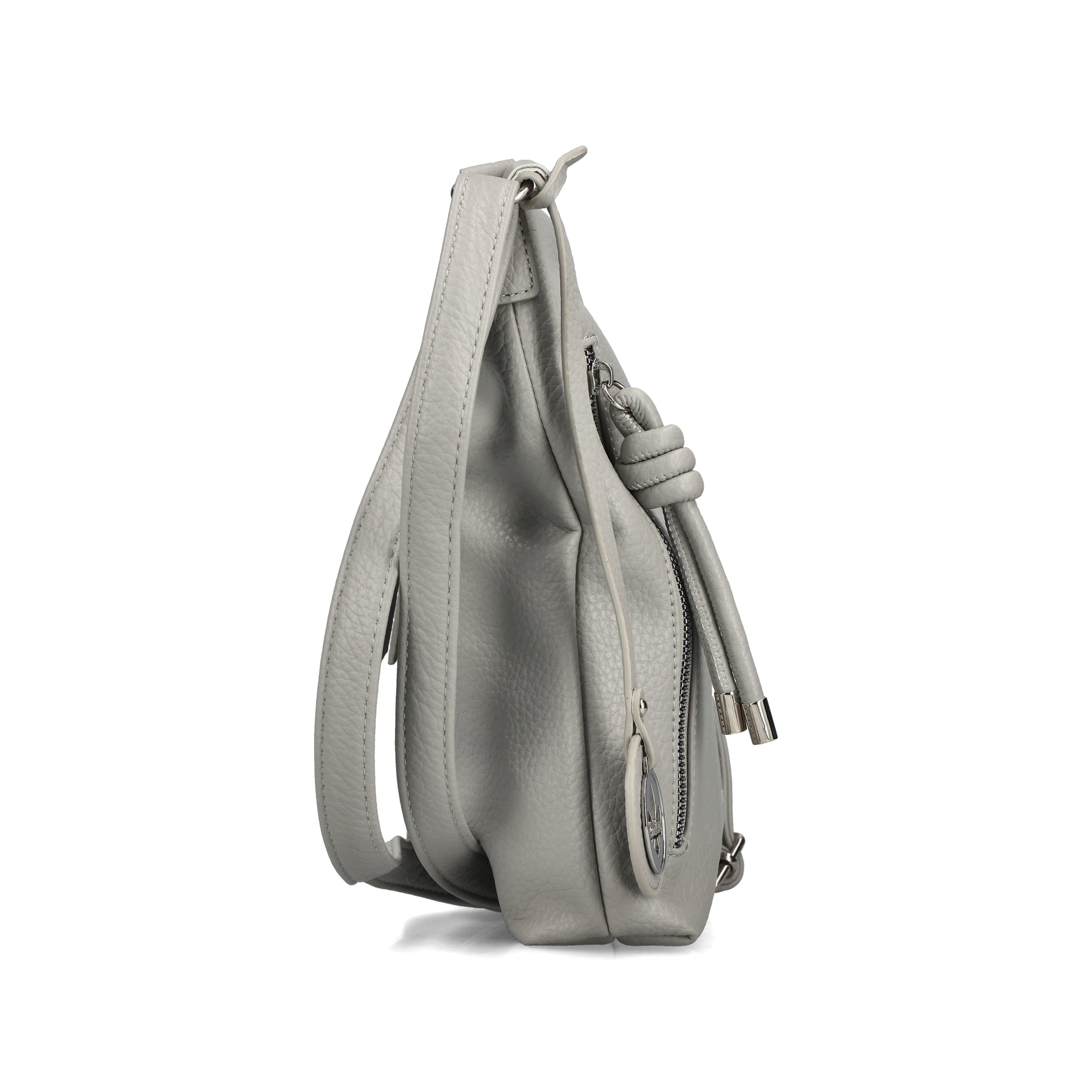 Sac à main Rieker H1073-40 gris avec fermeture éclair et pendentif en nœud. Ouvert.