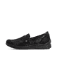 Mocassins Rieker noirs pour femmes 48968-00 avec bande élastique. Côté extérieur de la chaussure.