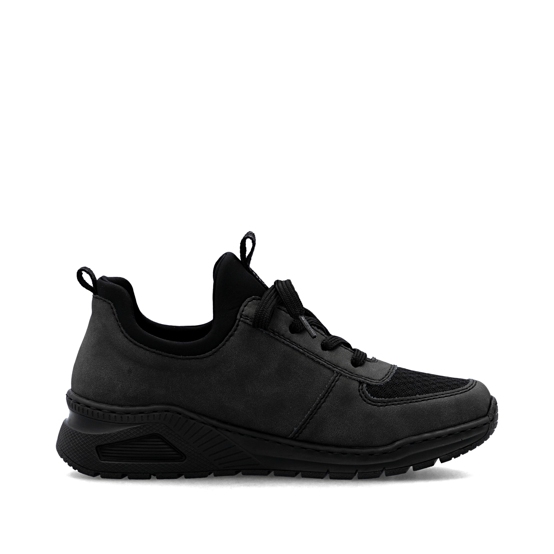 Dunkelgraue Rieker Damen Slipper M4970-45 mit einem Gummizug sowie Extraweite H. Schuh Innenseite.