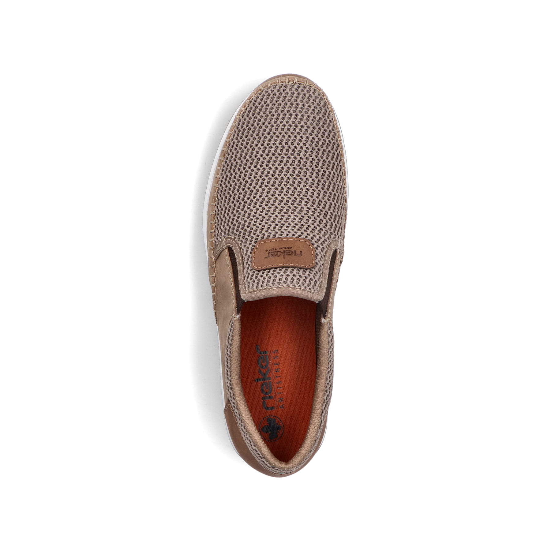 Beige Rieker Herren Slipper 11954-64 mit einem Gummizug sowie Komfortweite G 1/2. Schuh von oben.