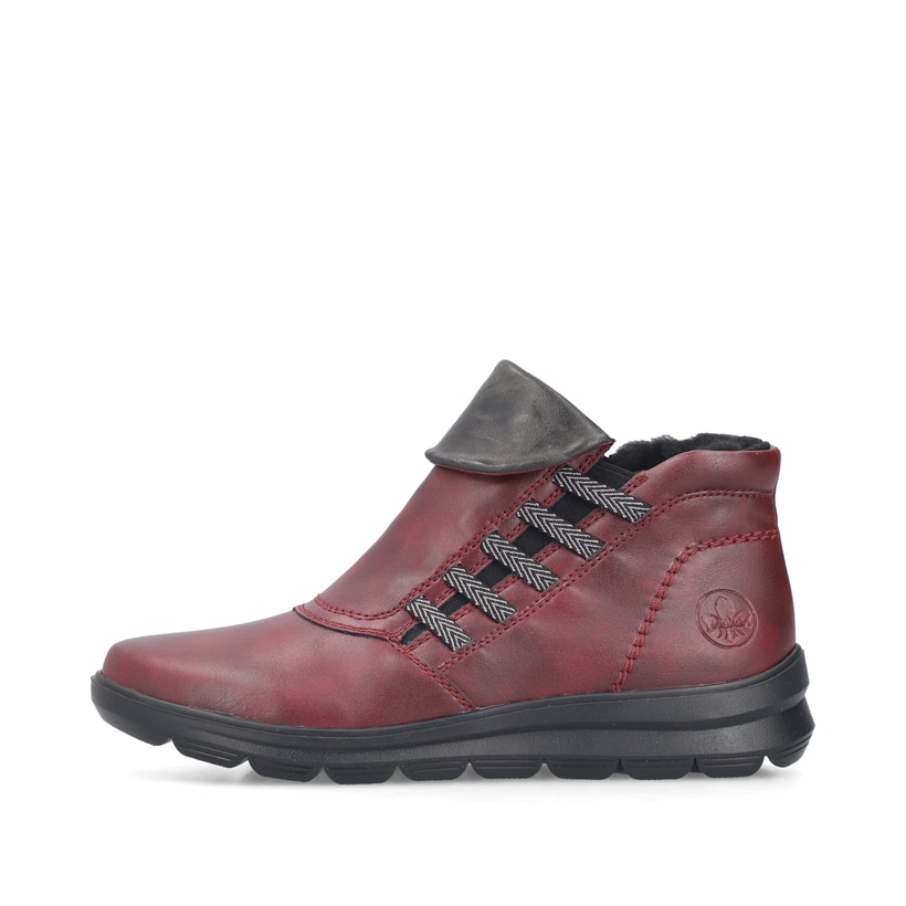 Weinrote Rieker Damen Kurzstiefel Z0071-35 mit einem Reißverschluss. Schuh Außenseite.