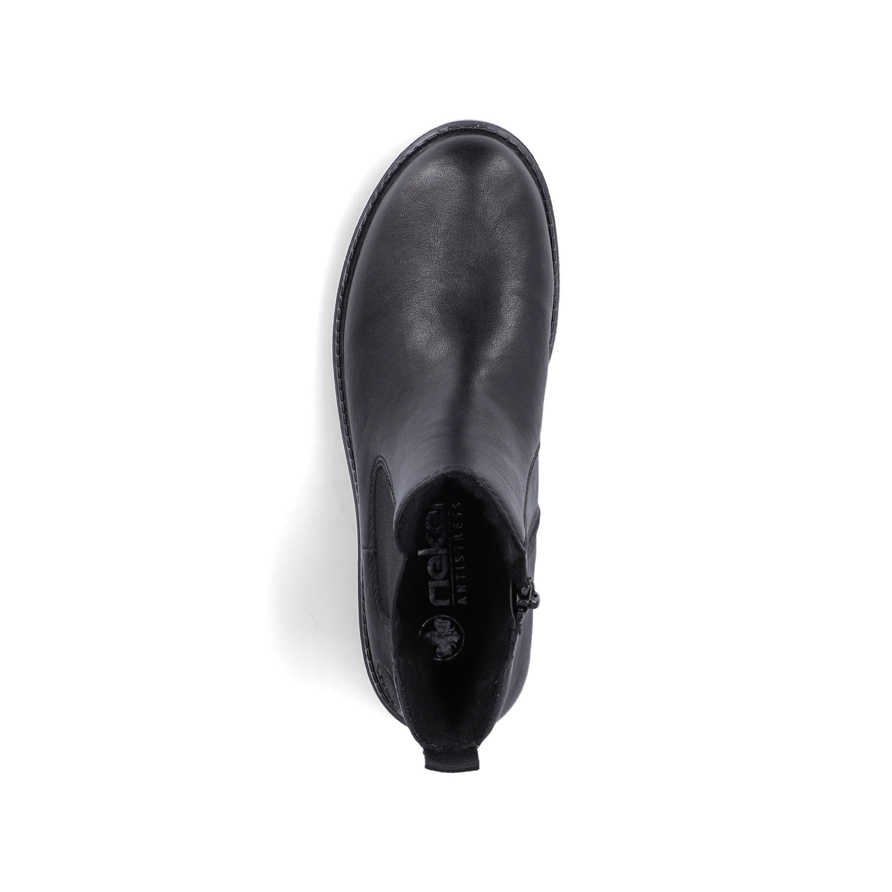Schwarze Rieker Damen Chelsea Boots 73250-01 mit einem Reißverschluss. Schuh von oben.