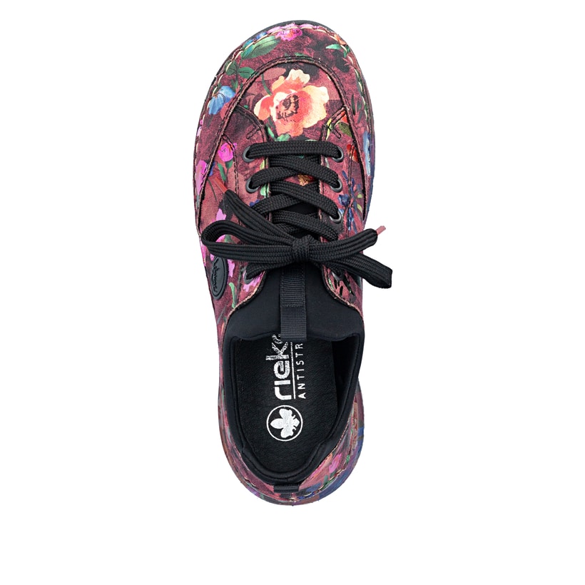 Bordeauxfarbene Rieker Damen Slipper 44569-90 mit Rieker Air Sohlenfenster. Schuh von oben.