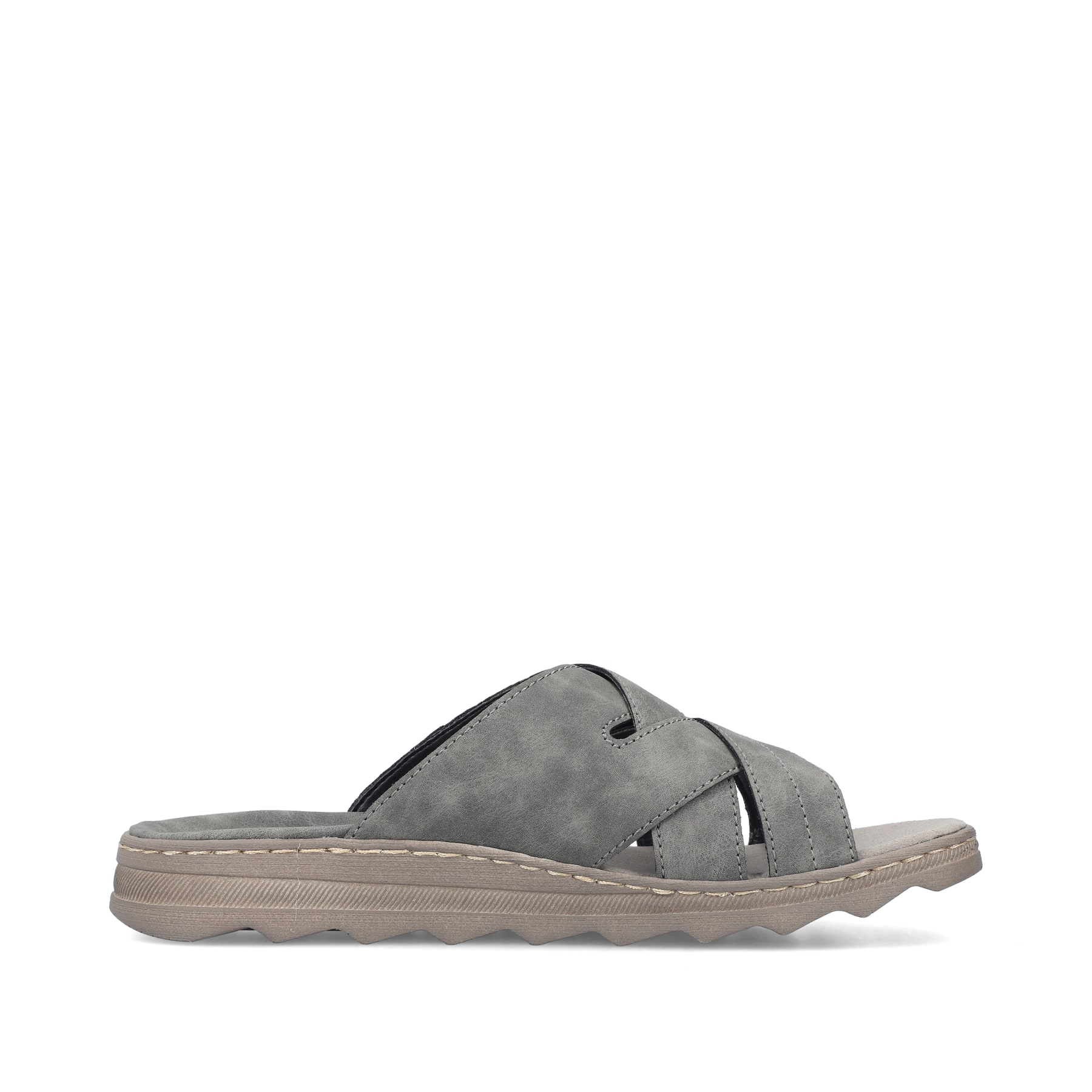 Graue Rieker Herren Pantoletten 21690-45 mit Komfortweite G sowie leichter Sohle. Schuh Innenseite.