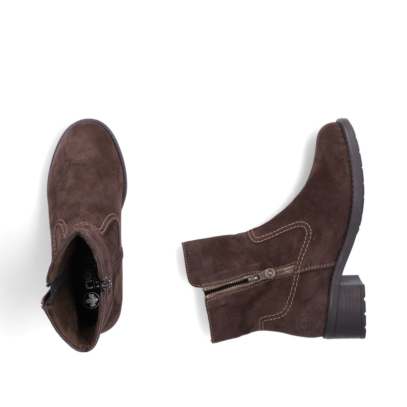 Dunkelbraune Rieker Damen Kurzstiefel 75460-24 aus Rauleder mit Reißverschluss. Schuh von oben, liegend.