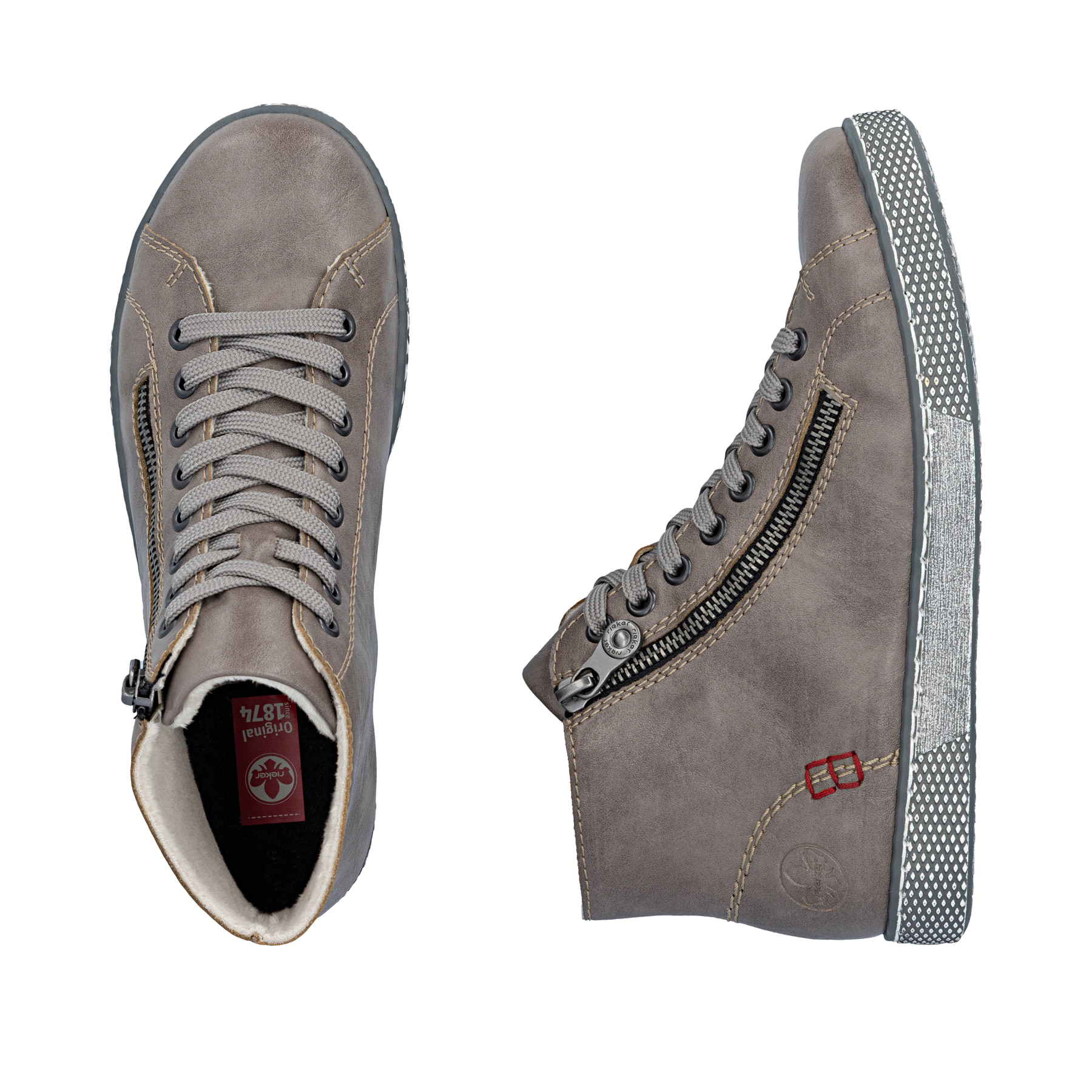 Graue Rieker Damen Schnürstiefel Z1221-42 mit modernen Ziernähten. Schuh von oben, liegend.