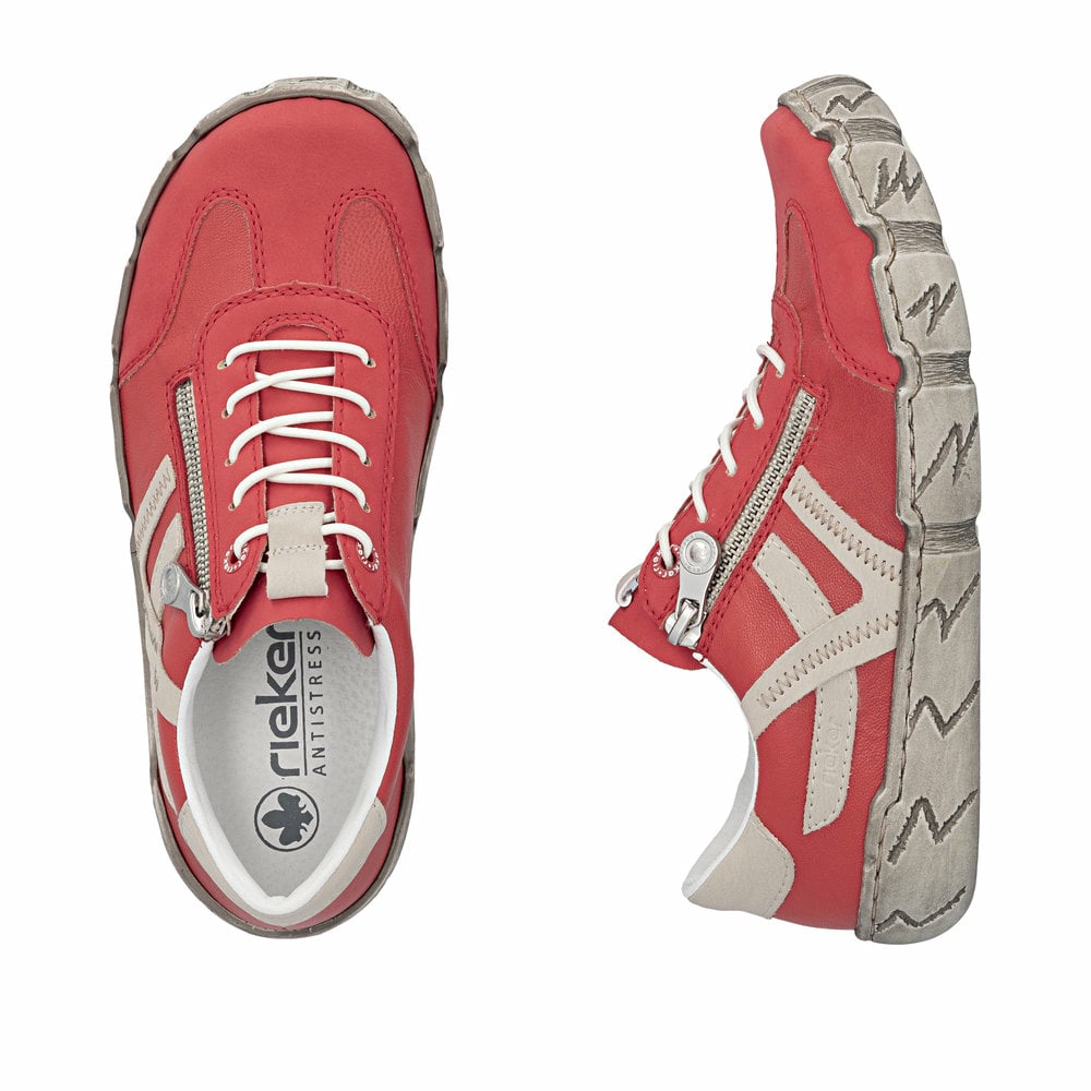 Chaussons Rieker rouges pour femme L0363-33 avec fermeture éclair. Chaussure vue de dessus, couchée.