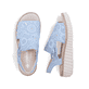 Blaue Rieker Keilsandaletten 69246-10 mit Strasssteinen sowie einem Gummizug. Schuh von oben, liegend.