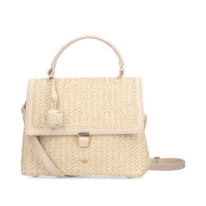 Rieker Handtasche H1606-60 in Beige mit Weboptik und geflochtenem Ball als Anhänger. Vorderseite.