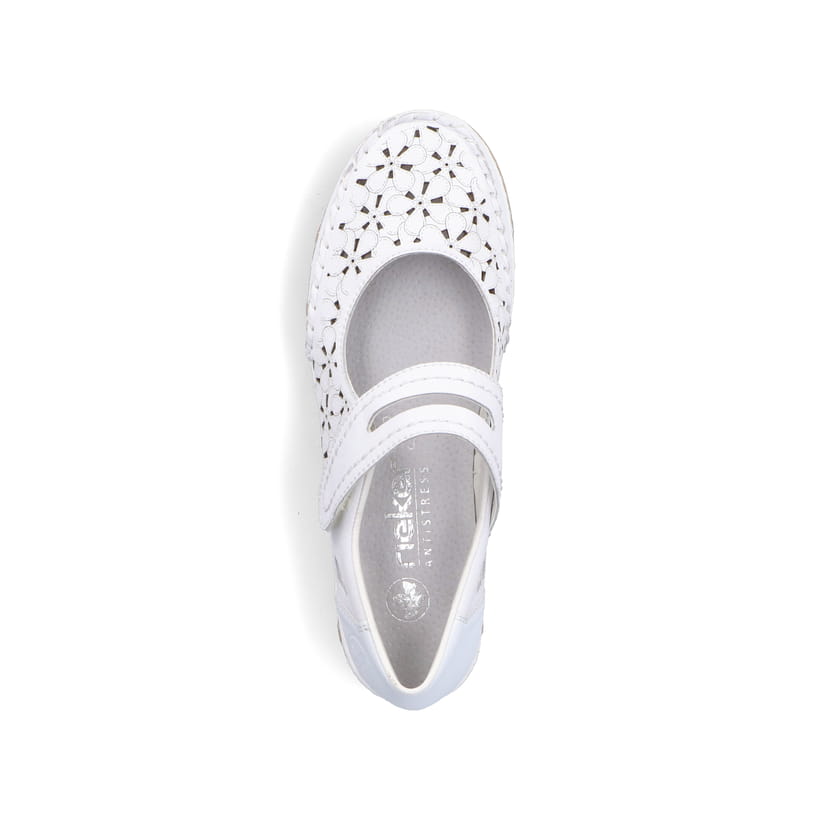 Weiße Rieker Ballerinas 49977-80, Barfußschuhe mit einem Klettverschluss. Schuh von oben.