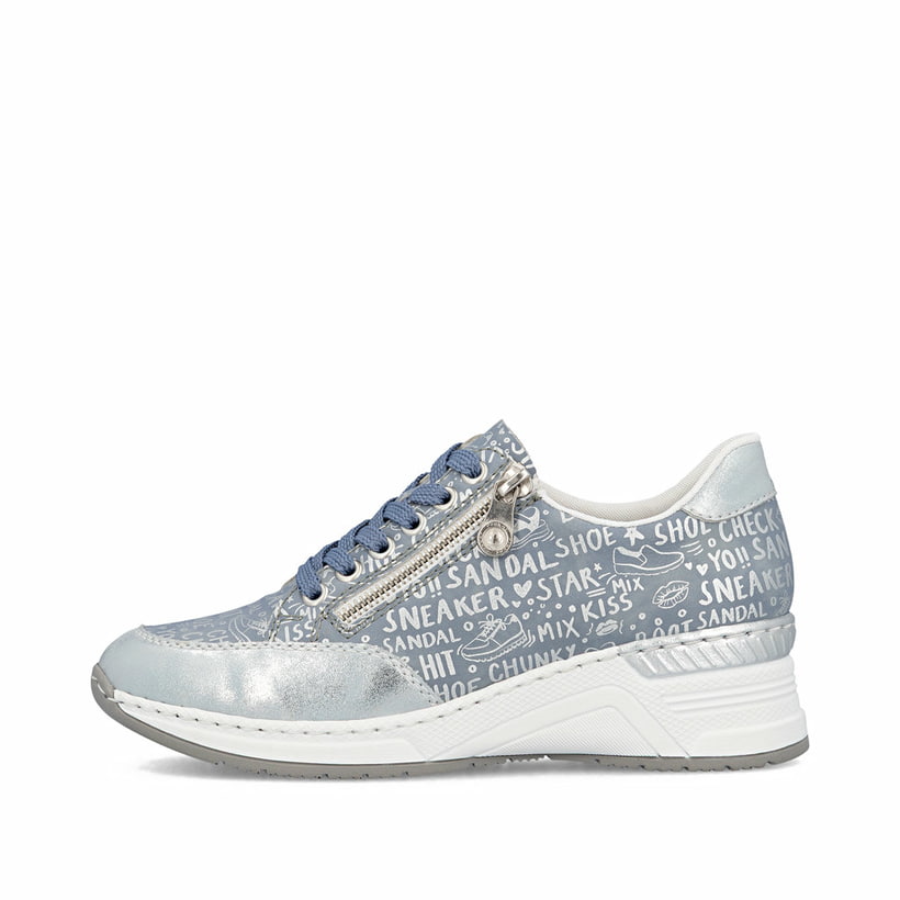 Blaue Rieker Damen Sneaker Low N4316-13 mit Reißverschluss sowie Komfortweite G. Schuh Außenseite.