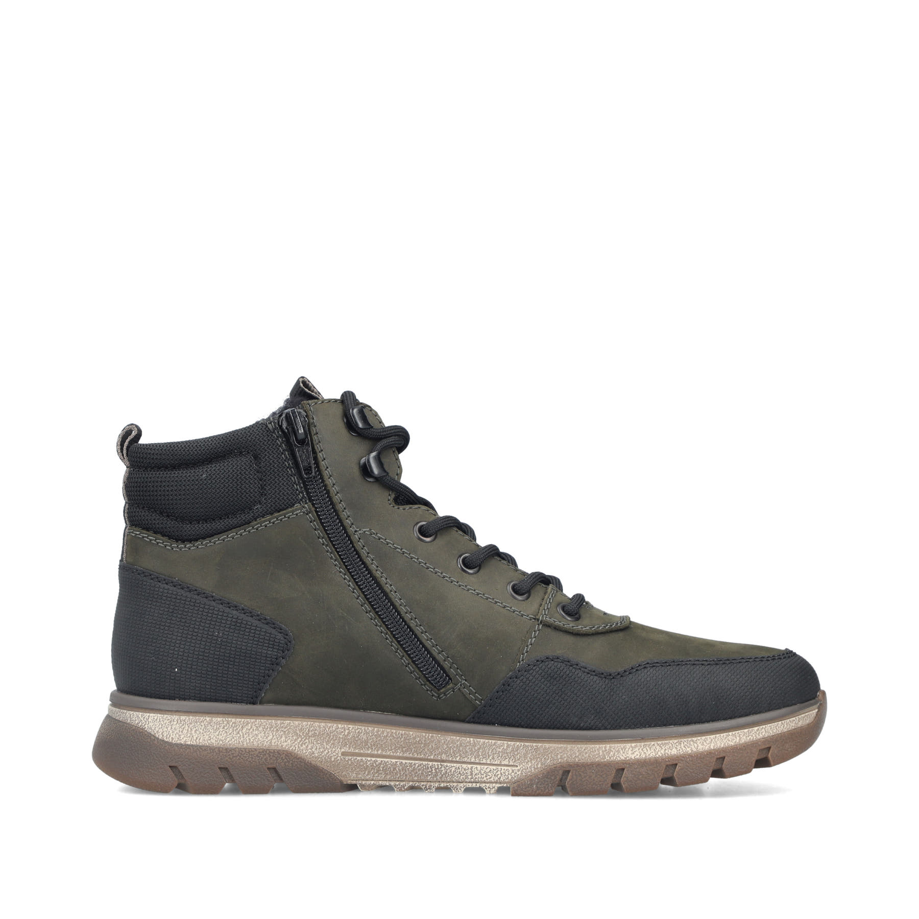 Dunkelgrün-schwarze Rieker Herren Schnürstiefel B9310-54 aus Rauleder. Schuh Innenseite.