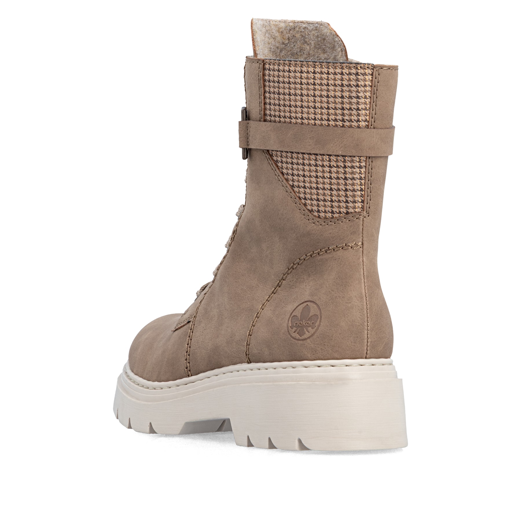 Beige Rieker Damen Biker Boots 76732-20 mit gemustertem Schaft. Schuh von hinten.