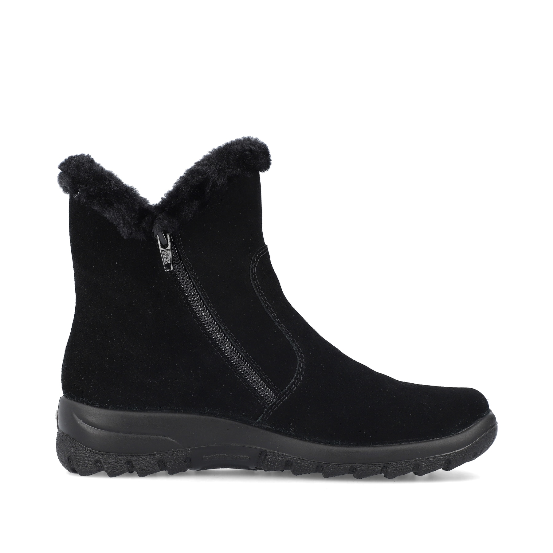Tiefschwarze Rieker Damen Kurzstiefel L7162-00 mit einer schockabsorbierenden Sohle. Schuh von hinten