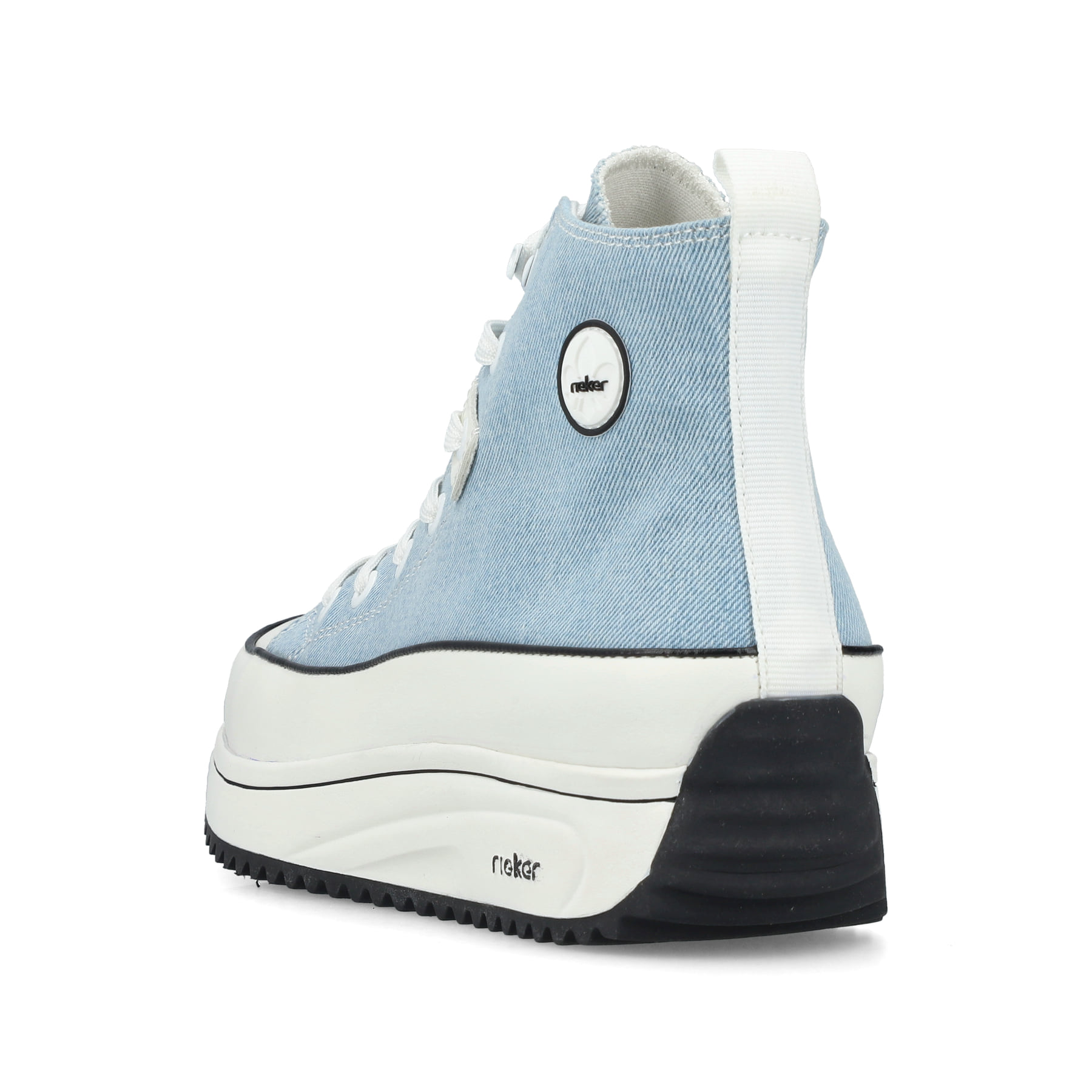 Blaue vegane Rieker Damen Sneaker High 90010-10 mit einem Reißverschluss. Schuh von hinten.