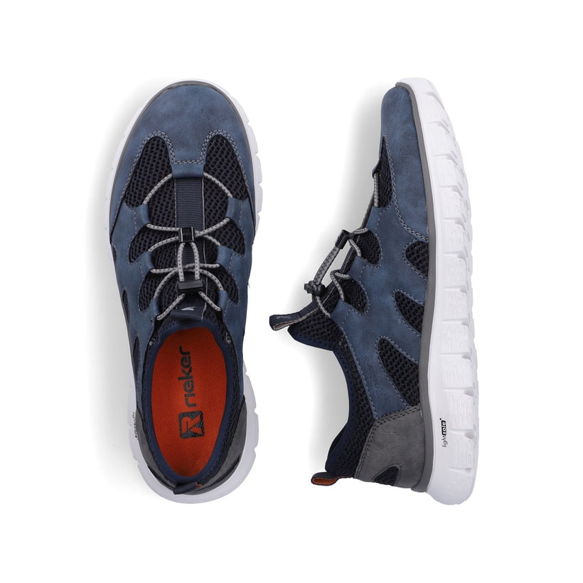 Mocassins Rieker bleus pour homme B6678-14 en optique à trous. Chaussure vue de dessus, couchée.