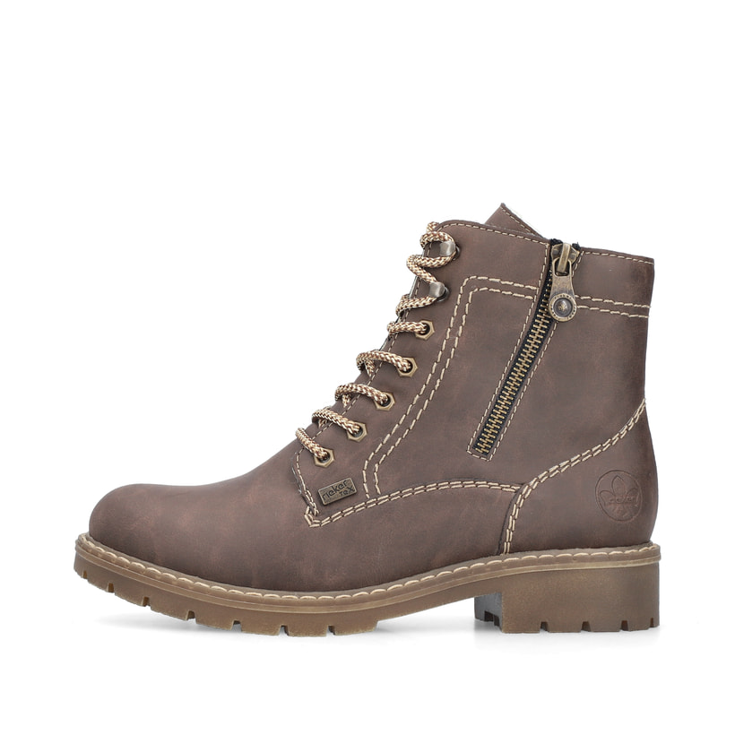 
Schokobraune Rieker Damen Schnürstiefel Y9134-25 mit einer robusten Profilsohle. Schuh Außenseite