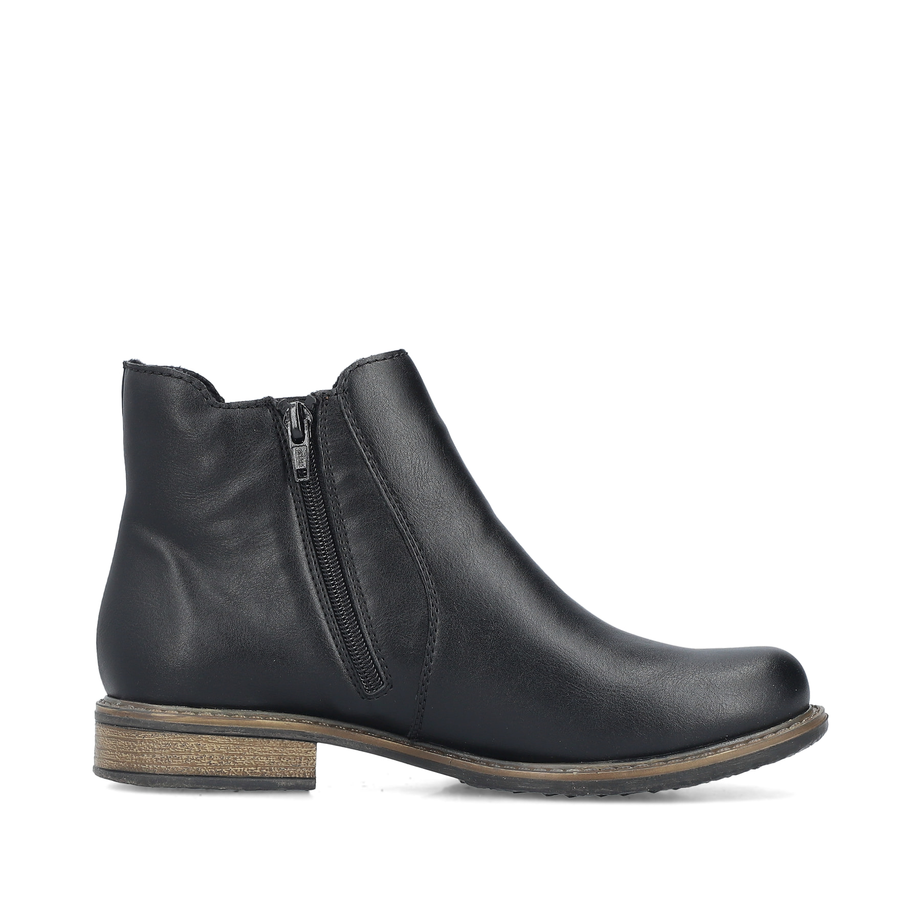 Schwarze Rieker Damen Chelsea Boots 74854-00 mit einem Reißverschluss. Schuh Innenseite.